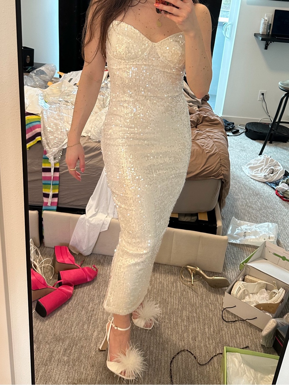 Strapless White sequin Maxi Dress - Sleek Evening Gown